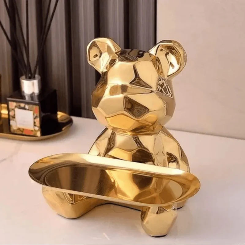 Escultura Decorativa Geométrica Urso com Bandeja